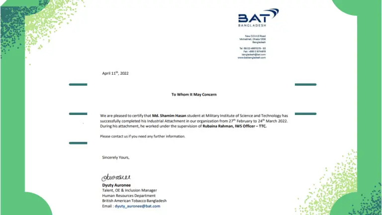 Industrial Attachment at British American Tobacco Bangladesh